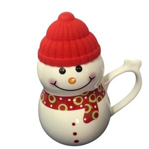 Collectible Snowman Coffee Mug with Red  Hat Lid Christmas Holiday Decor